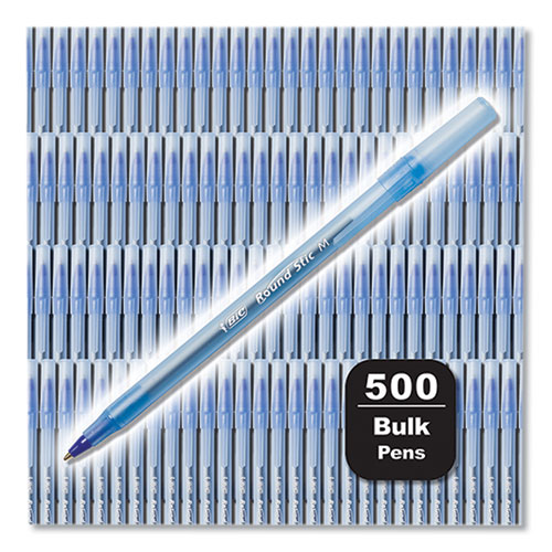Round Stic Xtra Life Ballpoint Pen, Stick, Medium 1 mm, Blue Ink, Translucent Blue Barrel, 500/Pack
