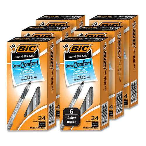 Image of Bic® Round Stic Grip Xtra Comfort Ballpoint Pen, Medium 1 Mm, Black Ink, Gray/Black, 24/Box, 6 Boxes/Pack
