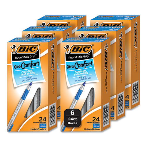 Image of Bic® Round Stic Grip Xtra Comfort Ballpoint Pen, Medium 1 Mm, Blue Ink, Gray/Blue Barrel, 24/Box, 6 Boxes/Pack