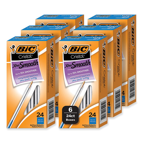 Bic® Cristal Xtra Smooth Ballpoint Pen, Stick, Medium 1 Mm, Blue Ink, Clear Barrel, 24/Box, 6 Boxes/Pack