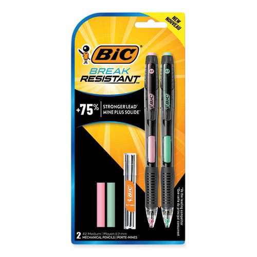 BIC® Break-Resistant Mechanical Pencils with Erasers, 0.7 mm, HB (#2), Black Lead, Assorted Barrel Colors, 2/Pack