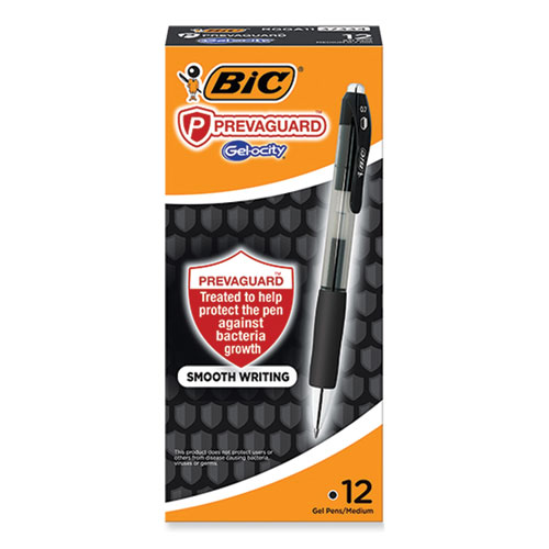BIC® PrevaGuard Gel-ocity Retractable Gel Pen, Medium 0.7 mm, Black Ink, Clear/Black Barrel, Dozen
