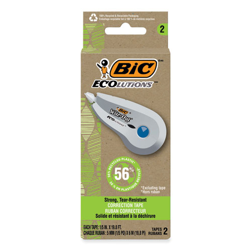 Wite-Out Brand Ecolutions Correction Tape, Non-Refillable, White,  0.2" x 19.8 ft, 2/Pack