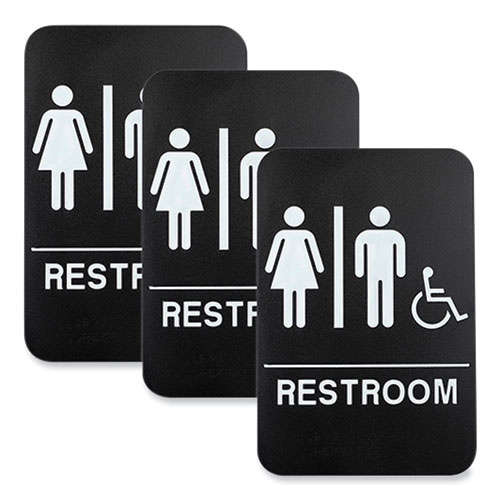 Excello Global Products® Indoor/Outdoor Restroom Sign with Braille Text and Wheelchair, 6" x 9", Black Face, White Graphics, 3/Pack