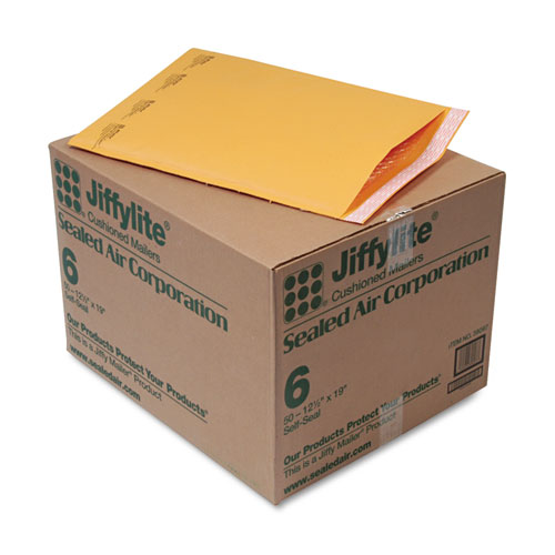 Jiffylite Self-Seal Bubble Mailer, #6, Barrier Bubble Lining, Self-Adhesive Closure, 12.5 x 19, Golden Brown Kraft, 50/Carton | by Plexsupply