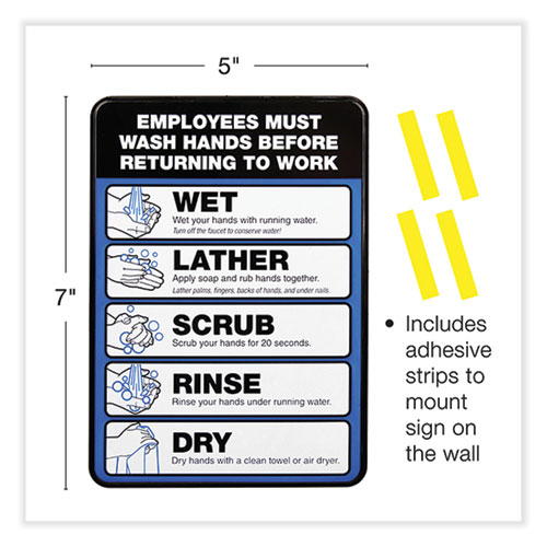 Employees Must Wash Hands Indoor Wall Sign, 5" x 7", Black/Blue/White Face, Black/Blue Graphics, 2/Pack