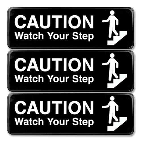 Image of Excello Global Products® Caution Watch Your Step Indoor/Outdoor Wall Sign, 9" X 3", Black Face, White Graphics, 3/Pack