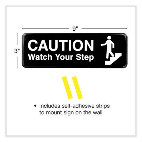 Image of Excello Global Products® Caution Watch Your Step Indoor/Outdoor Wall Sign, 9" X 3", Black Face, White Graphics, 3/Pack