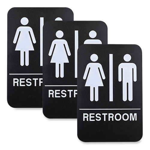 Excello Global Products® Indoor/Outdoor Restroom Sign with Braille Text and Wheelchair, 6" x 9", Black Face, White Graphics, 3/Pack