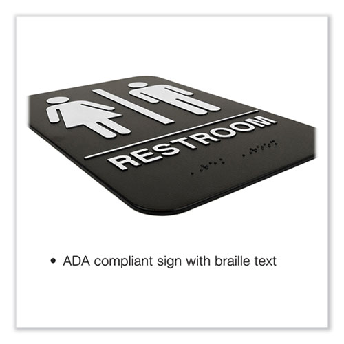 Indoor/Outdoor Restroom with Braille Text, 6" x 9", Black Face, White Graphics, 3/Pack