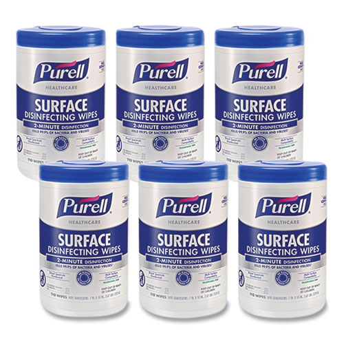 Purell® Healthcare Surface Disinfecting Wipes, 1-Ply, 7" X 10", Unscented, White, 110 Wipes/Canister, 6 Canisters/Carton