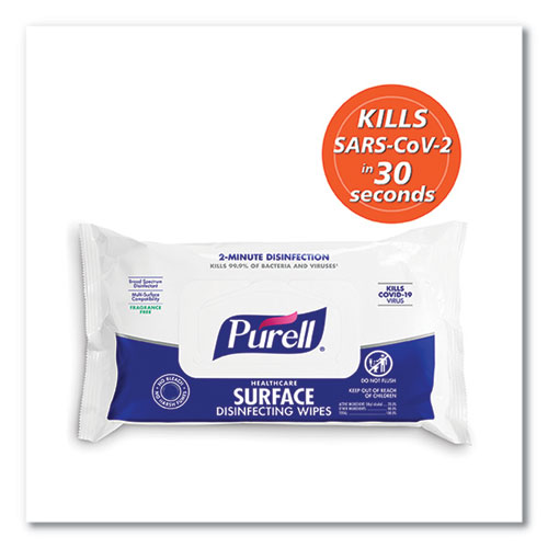 Image of Purell® Healthcare Surface Disinfecting Wipes, 1-Ply, 7" X 10", Unscented, White, 72/Pack