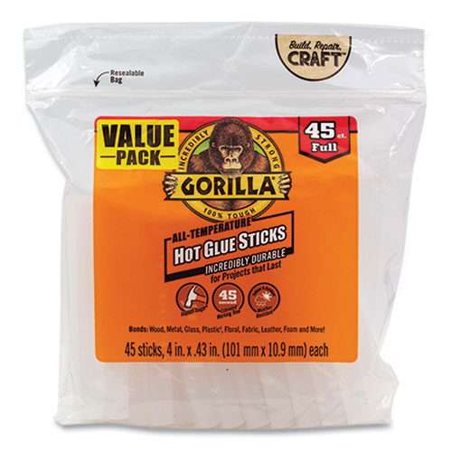 Gorilla® Hot Glue Sticks, 0.43" dia x 4", Dries Clear, 45/Pack