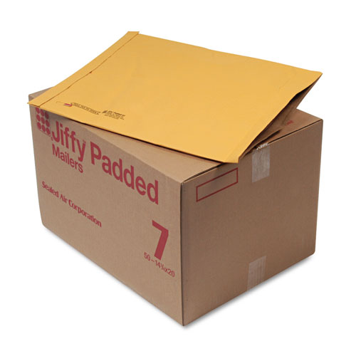 Jiffy Padded Mailer, #7, Paper Padding, Fold-Over Closure, 14.25 x 20, Natural Kraft, 50/Carton
