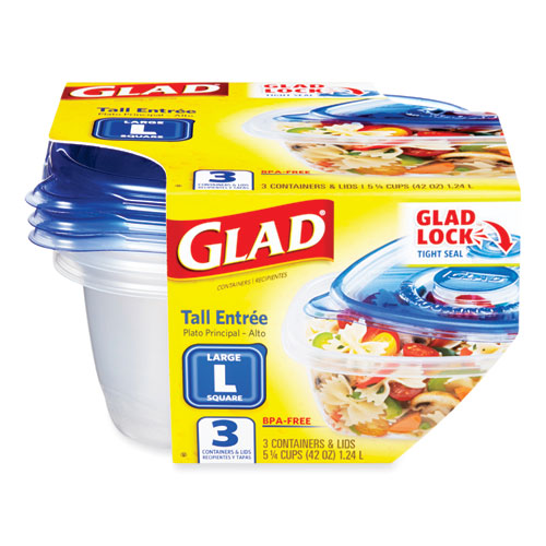 Image of Glad® Tall Entree Food Storage Containers With Lids, 42 Oz, Clear/Blue, Plastic, 3/Box