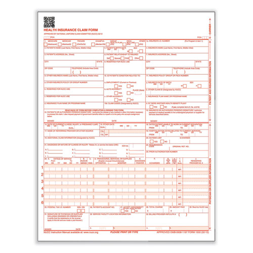 CMS-1500 Health Insurance Claim Forms with QR Code Identifier, One-Part (No Copies), 8.5 x 11, 500 Forms Total