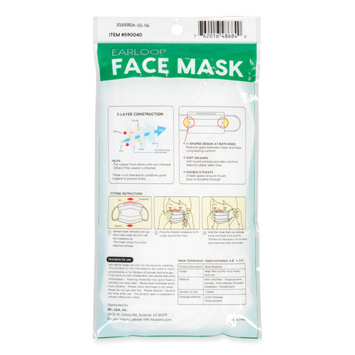 Image of Iris Earloop Disposable Face Mask, 3-Ply Non-Woven, Large, 7/Pack