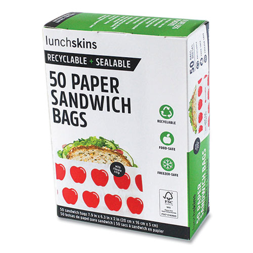 Lunchskins Peel And Seal Sandwich Bag With Closure Strip, 6.3 X 2 X 7.9, White With Red Apple, 50/Box