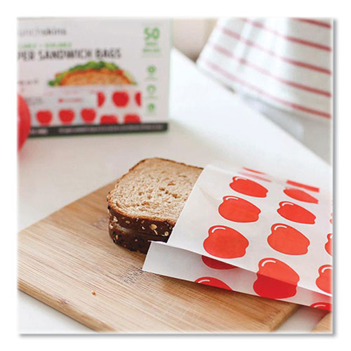 Image of Lunchskins Peel And Seal Sandwich Bag With Closure Strip, 6.3 X 2 X 7.9, White With Red Apple, 50/Box