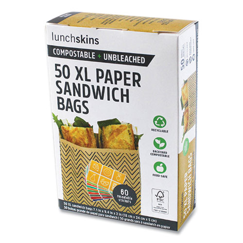 Lunchskins Xl Sandwich Bag With Resealable Stickers, 7.1 X 2 X 9.1, Kraft With Black Chevron Pattern, 50/Box