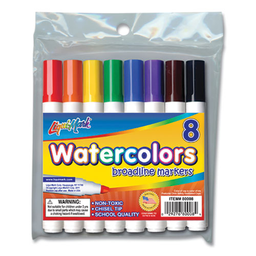 Broadline Watercolor Markers, Broad Chisel Tip, Assorted Colors, 8/Set