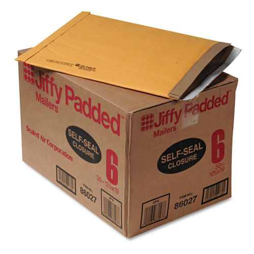 Jiffy Padded Mailer, #6, Paper Padding, Self-Adhesive Closure, 12.5 x 19, Natural Kraft, 50/Carton
