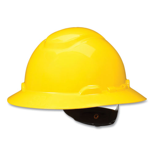 SecureFit Full Brim Hard Hat with Uvicator, Four-Point Ratchet Suspension, Yellow