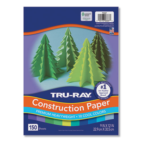 Tru-Ray Construction Paper, 76 lb Text Weight, 9 x 12, Cool Assorted Colors, 150/Pack