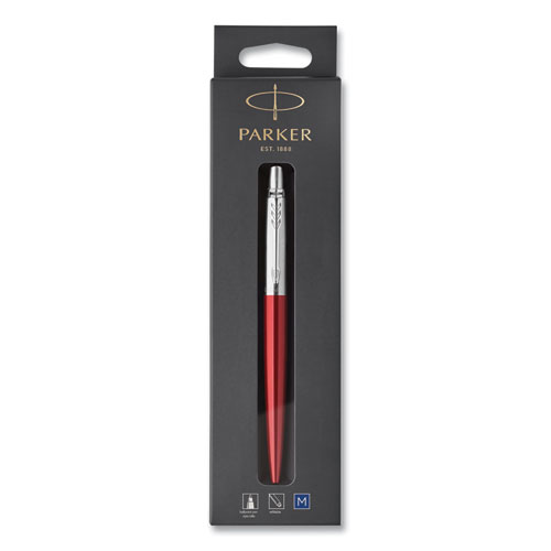 Parker® Jotter Ballpoint Pen, Retractable, Medium 0.7 Mm, Blue Ink, Kensington Red/Chrome Barrel