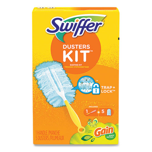 Image of Swiffer® Dusters Starter Kit, Dust Lock Fiber, 6" Handle, Blue/Yellow, Gain Scent