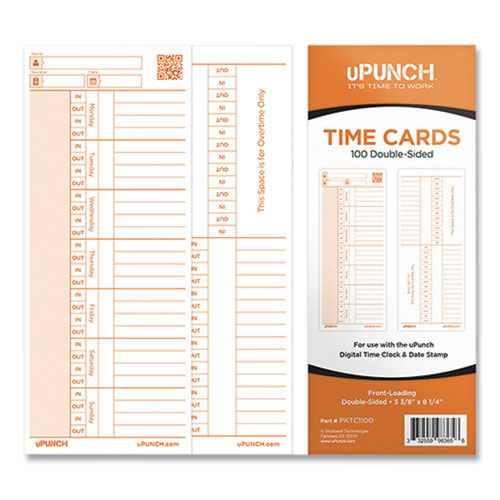 Time Card for PK1100 Time Clock, Two Sides, 3.38 x 8.25, 100/Pack