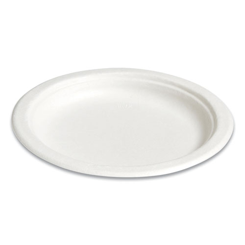PFAS-Free Compostable Bagasse Plates, 6" dia, White, 250/Pack
