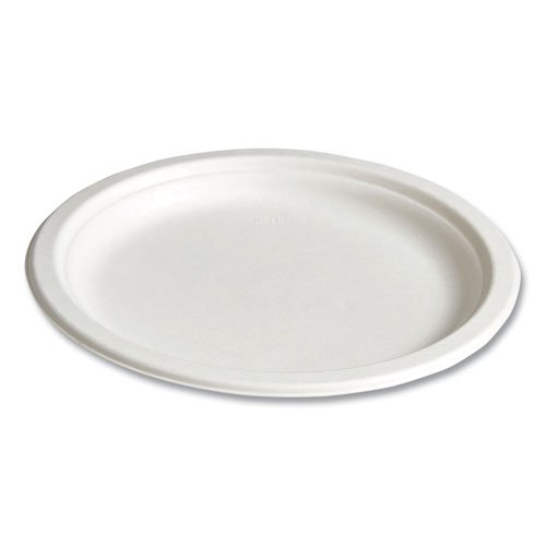 PFAS-Free Compostable Bagasse Plates, 9" dia, White, 250/Pack