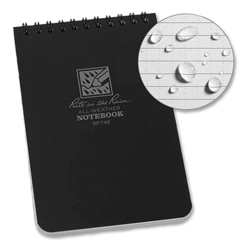All-Weather Wire-O Notepad, Universal: Narrow Rule and Quadrille Rule, Black Cover, 50 White 4 x 6 Sheets