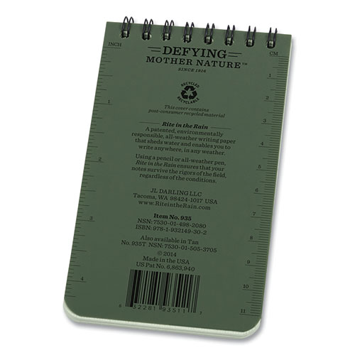 Image of Rite In The Rain® All-Weather Wire-O Notepad, Universal: Narrow Rule And Quadrille Rule, Dark Green Cover, 50 White 3 X 5 Sheets