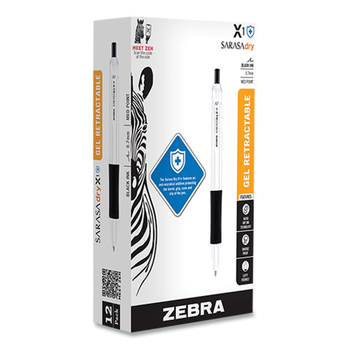 Zebra® Sarasa Dry X1+ Retractable Gel Pen, Medium 0.7 Mm, Black Ink, White Barrel, 12/Pack