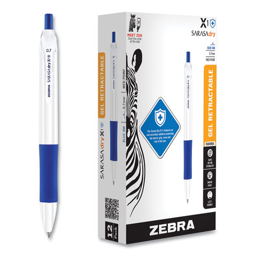 Zebra® Sarasa Dry X1+ Retractable Gel Pen, Medium 0.7 Mm, Blue Ink, White Barrel, 12/Pack