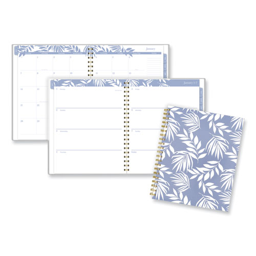 Elena Weekly/Monthly Planner, Palm Leaves Artwork, 11 x 9.25, Blue/White Cover, 12-Month (Jan to Dec): 2024