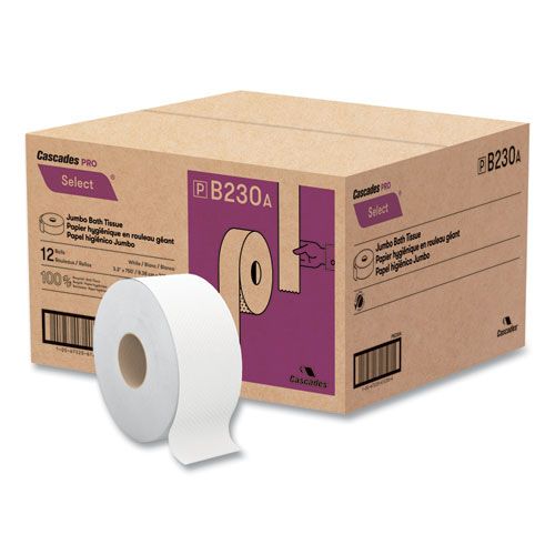 Select Jumbo Bath Tissue, Septic Safe, 2-Ply, White, 3.3" x 750 ft, 12/Carton