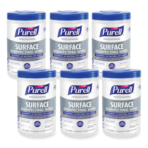 PURELL® Professional Surface Disinfecting Wipes, 1-Ply, 7 x 8, Fresh Citrus, White, 110/Canister, 6 Canisters/Carton