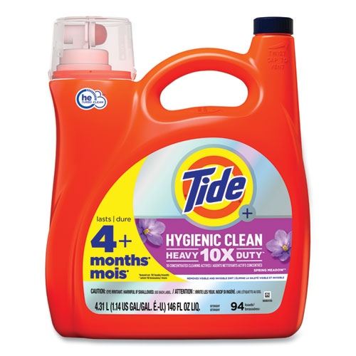 Tide® Hygienic Clean Heavy 10x Duty Liquid Laundry Detergent, Spring Meadow Scent, 146 oz Pour Bottle, 4/Carton