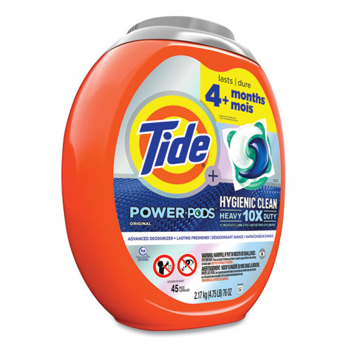 Image of Tide® Hygienic Clean Heavy 10X Duty Power Pods, Original Scent, 76 Oz Tub, 45 Pods, 4/Carton