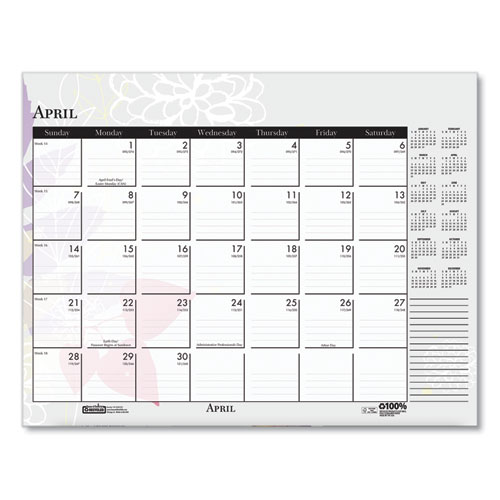 Recycled Desk Pad Calendar, Wild Flowers Artwork, 22 x 17, White Sheets, Black Binding/Corners,12-Month (Jan-Dec): 2024