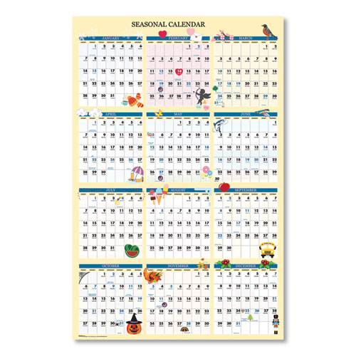 Recycled Seasonal Laminated Wall Calendar, Illustrated Seasons Artwork, 24 x 37, 12-Month (Jan to Dec): 2024