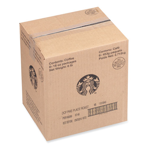Whole Bean Coffee, Decaffeinated, Pike Place, 1 lb, Bag, 6/Carton