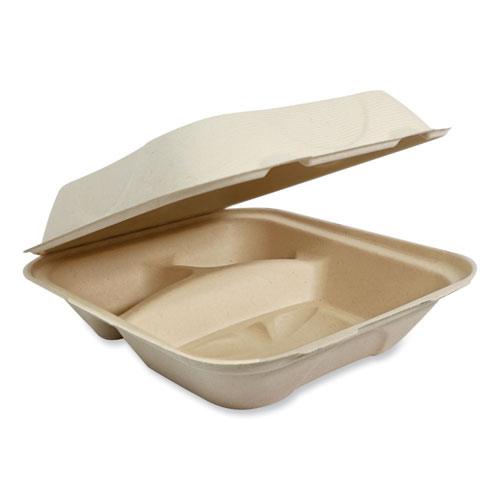 World Centric® Fiber Hinged Containers, 2-Compartment, 8.8 X 8.2 X 2.9, Natural, Paper, 300/Carton
