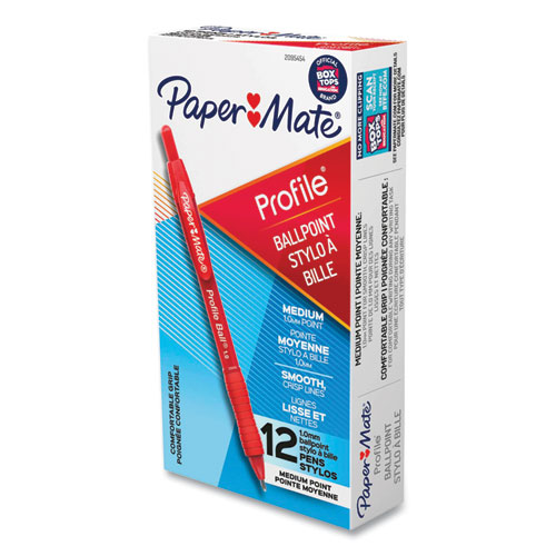 Paper Mate® Profile Ballpoint Pen, Retractable, Medium 1 mm, Red Ink, Translucent Red Barrel, Dozen