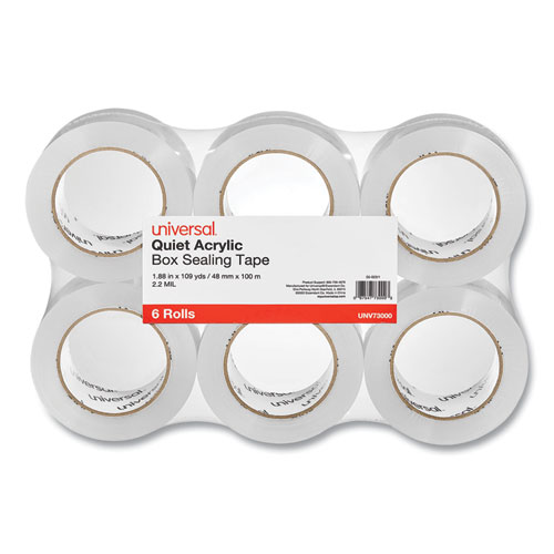 Universal® Quiet Tape Box Sealing Tape, 3" Core, 1.88" x 109 yds, Clear, 6/Pack