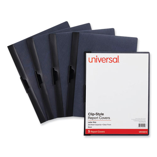 Image of Universal® Clip-Style Report Cover, Clip Fastener, 8.5 X 11, Clear/Black, 5/Pack