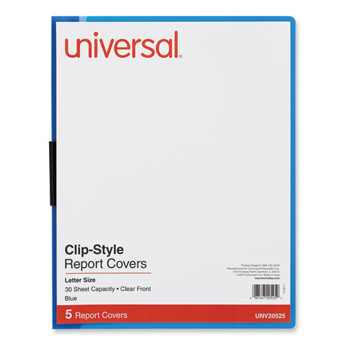 Image of Universal® Clip-Style Report Cover, Clip Fastener, 8.5 X 11, Clear/Blue, 5/Pack